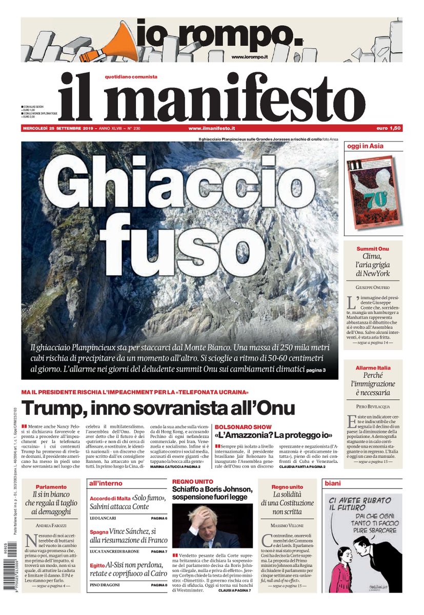 ilmanifesto's tweet photo. GHIACCIO FUSO

#IlManifesto #InEdicola oggi

Il ghiacciaio Planpincieux sta per staccarsi dal Monte Bianco. Una massa di 250 mila metri cubi rischia di precipitare. Si scioglie a ritmo di 50-60 centimetri al giorno. L’allarme dal deludente summit Onu sui cambiamenti climatici https://t.co/bUx5KEcn2H