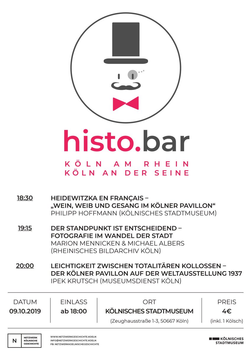 NetzwKoeGeschi's tweet photo. #SaveTheDate
Am 9. Oktober ab 18h (Heute in 2 Wochen!) geht die #histobar in eine neue Runde!⚠️
Wir schauen uns die Sonderausstellungen #KölnSeineRhein im @koeln_museum an.📸
Wir freuen uns auf Euch, #Köln!😍
Zum Programm einmal hier entlang ⤵️. https://t.co/lPuN8C7TWI
