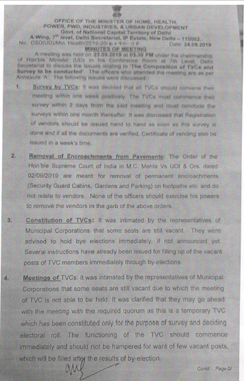 AAPNDGupta's tweet photo. IMP takeaways from meeting w Hon'ble Minister (UD) regd Street Vendors:
1. NO VENDOR SHALL BE EVICTED FROM HIS PLACE OF VENDING  
2. SC order MC Mehta VS UOI &amp; ors DOES NOT RELATE TO VENDORS. 
3. All TVCs to convene meetings within 1 week and commence survey within 2 days. https://t.co/Y7wo2NJubk