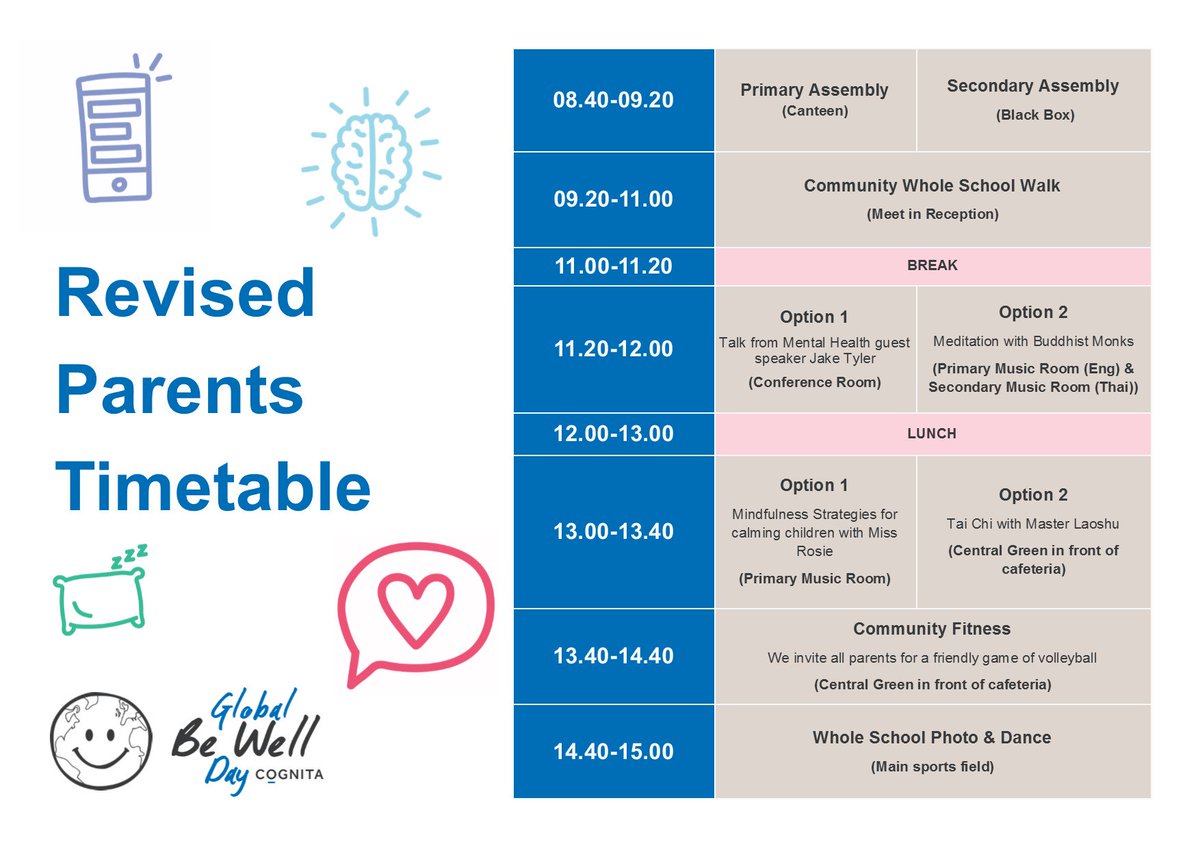 An updated timetable for parents #CognitaGBWD we hope to see as many mums and dads there as possible, supporting their children and taking a moment to take car of their own well-being! #GVCares