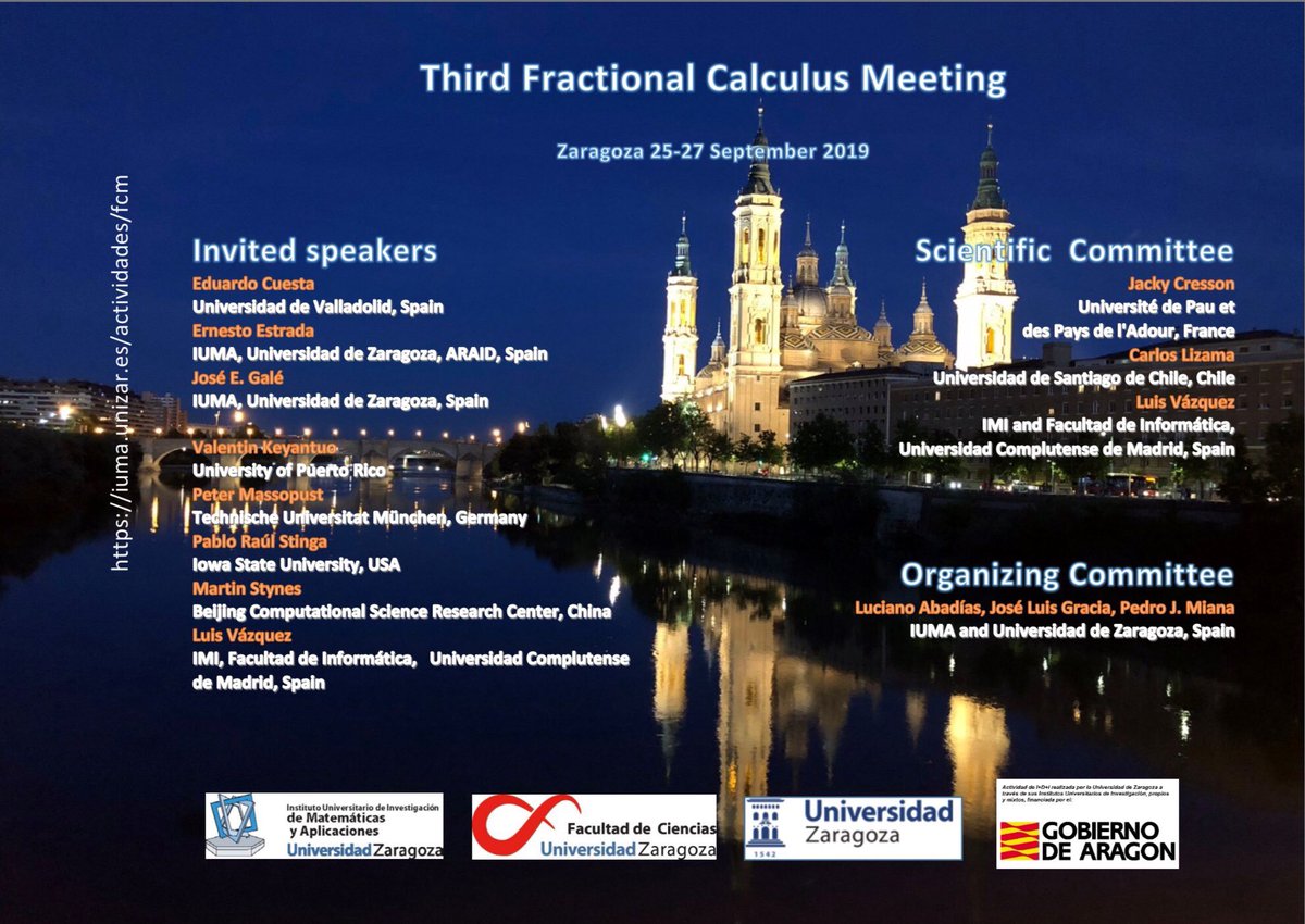 iuma_unizar's tweet photo. Desde hoy y hasta el viernes, nuestro instituto organiza el Third Fractional Calculus Meeting #3FCM. Deseamos unas jornadas muy provechosas a todos los asistentes. https://t.co/RphiMn1fdB