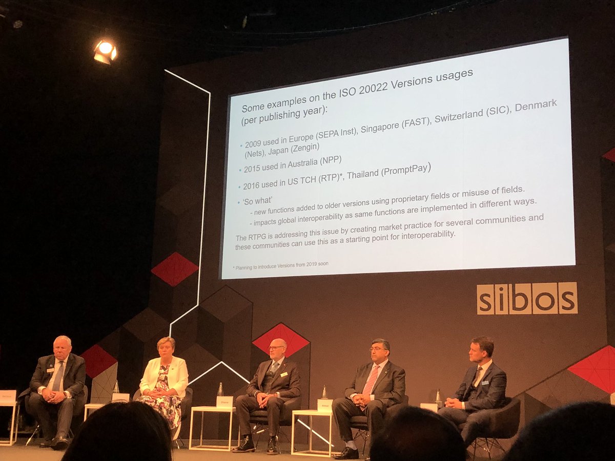 Heike Strasser presenting on versioning of data standards globally in real time payments. Critical market expert debate on the details @ #Sibos2019 #Mastercard