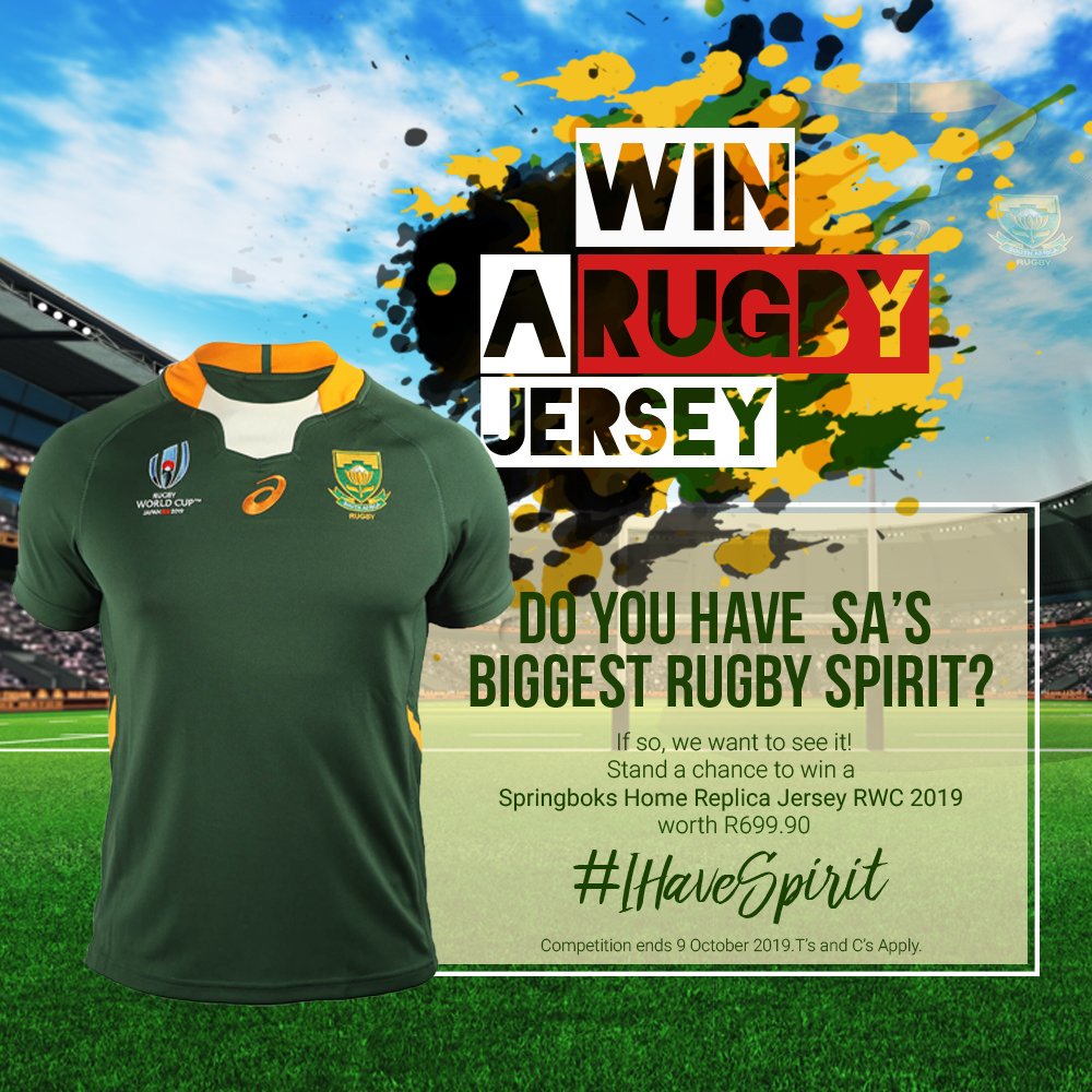 PNASouthAfrica's tweet photo. Stand a chance to win a Springboks Home Replica Jersey RWC 2019 worth R699.90!
Do you have SA’s Biggest Rugby Spirit?
If so, we want to see it! Post a picture of yourself or with your friends celebrating the Rugby World Cup 2019 on our Facebook page, and comment #IHaveSpirit! https://t.co/1SyiFJGlVi