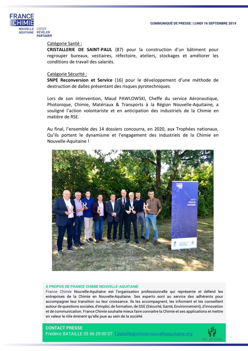 CerinnovGroup's tweet photo. Congratulations to the #cristallerie de Saint Paul #EmauxSoyer, laureate of the Responsible Care® Trophies Nouvelle-Aquitaine 2019 by @FranceChimie in the #Health category! 👏 https://t.co/LjKOUcipOU