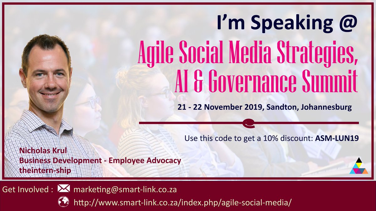 Learn how to cultivate your employees to be influencers within your industry with <a href="/NicholasKrul/">Nicholas Krul</a> from <a href="/InternShipZA/">theIntern-ship</a> at the upcoming Agile Social Media Strategies, AI &amp; Governance Summit, 21-22 November 2019, Sandton.
#SocialSandton #DigitalDisruption #SocialMediaMarketing