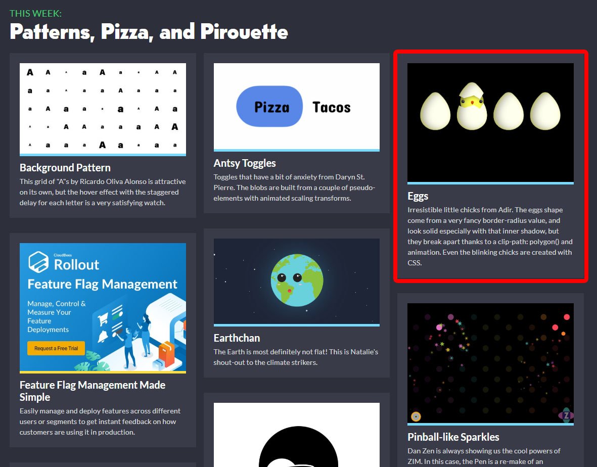adircode's tweet photo. My Eggs got featured this month in both the @CodePen Newletter and the @CSSWeekly Newletter, thank you both for the pick!
#CSS #cssanimation #HTML #interactive #interaction #design #codinglife #coding #excited https://t.co/EQzGS6CzHo