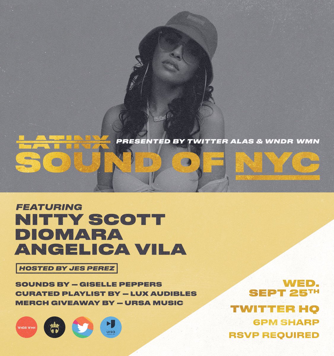 wndrwmnevents's tweet photo. LATINX SOUND OF NYC!

Introducing @NittyScottMC @DioMara_D &amp; @TheAngelicaVila !
Catch them performing live today @TwitterAlas !

Hosted by @itsJesPerez 
Sounds by @innerG_the1 
Merch Giveaway by @UrsaMusic 
Playlist Curation by @luxaudibles 

#WNDRWMN #IamLatinx https://t.co/EB30WMyUbz