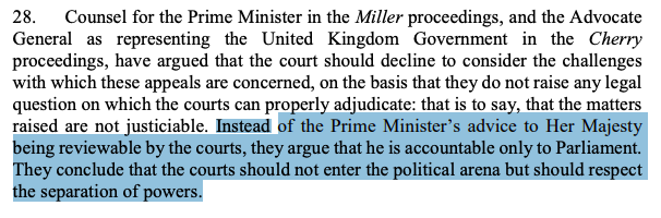 SirajKhanMENA's tweet image. One for #Constitutional #twitter on #justiciability:
1.#Courts asked not to intervene on #political Qs &amp;amp; to respect separation of powers
2.#Prorogation was political w/no legal standards to judge legitimacy
3.Courts not prevented to review just because it was a political dispute
