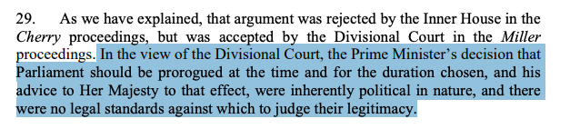 SirajKhanMENA's tweet image. One for #Constitutional #twitter on #justiciability:
1.#Courts asked not to intervene on #political Qs &amp;amp; to respect separation of powers
2.#Prorogation was political w/no legal standards to judge legitimacy
3.Courts not prevented to review just because it was a political dispute