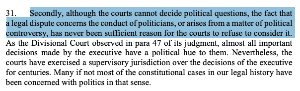 SirajKhanMENA's tweet image. One for #Constitutional #twitter on #justiciability:
1.#Courts asked not to intervene on #political Qs &amp;amp; to respect separation of powers
2.#Prorogation was political w/no legal standards to judge legitimacy
3.Courts not prevented to review just because it was a political dispute