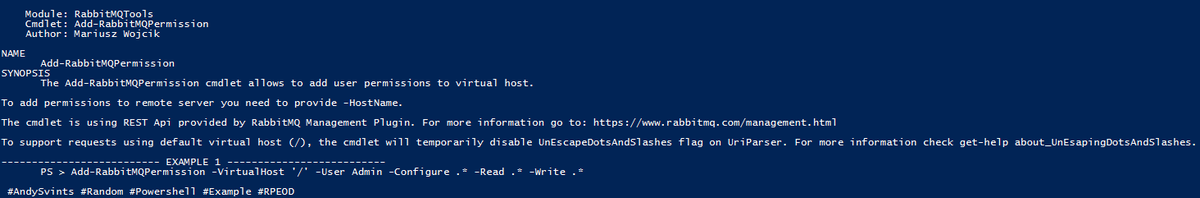 AndySvints's tweet photo. #Module: RabbitMQTools
#Cmdlet: Add-RabbitMQPermission
Author: Mariusz Wojcik
Add-RabbitMQPermission -VirtualHost '/' -User Admin -Configure .* -Read .* -Write .*
#AndySvints #Random #Powershell #Example #RPEOD https://t.co/7aaKadNhrs