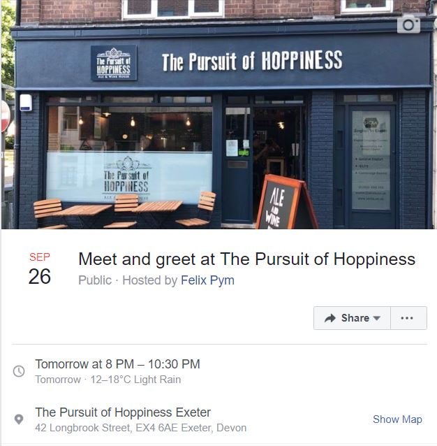 ExeterAleSoc's tweet photo. Friendly reminder that tomorrow at 20:00 we will be heading to The Pursuit of Hoppiness to try some of there excellent range of real ales sourced from micro breweries across the country. https://t.co/F97ecFI3bS