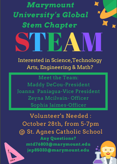 msdecou's tweet photo. Interested in volunteering with students on STEAM activities? Email our team to sign up to be a part of the Marymount Global STEM Chapter today and get involved! 

DM me for more details or email me @ mtd76803@marymount.edu today! https://t.co/hdAwvyYwwG