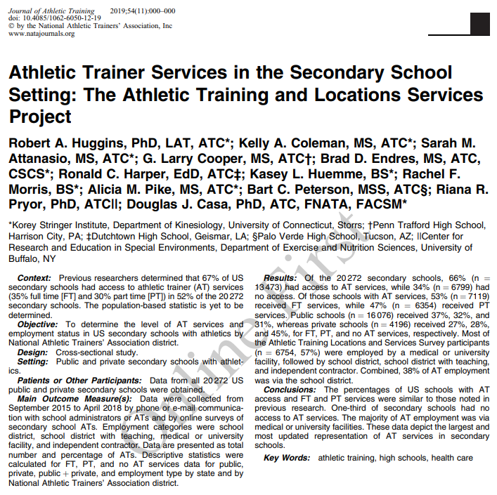 JAT_NATA's tweet photo. New online first from Dr. Robert Huggins (@RobertHuggins6) and colleagues: Athletic Trainer Services in the Secondary School Setting: The Athletic Training and Locations Services Project.
https://t.co/hojCPfC0po https://t.co/jLmzvjcp0F