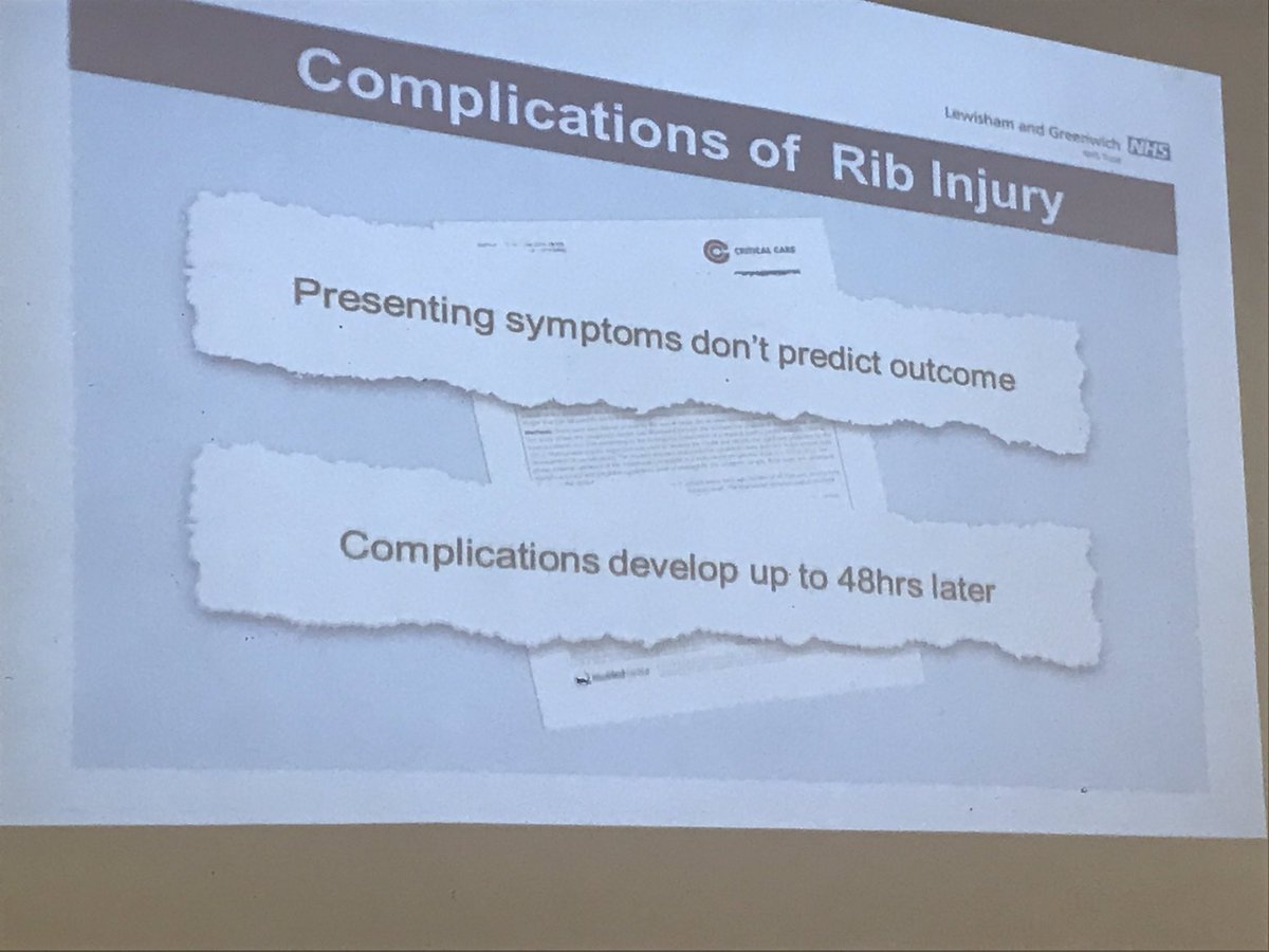 UHL grand round blunt chest trauma protocol. Battle score and early CT. complications reduced by analgesia, O2 and physio. Echo may be useful for cardiac injury. Mortality high ++ if rib fracture &gt;6