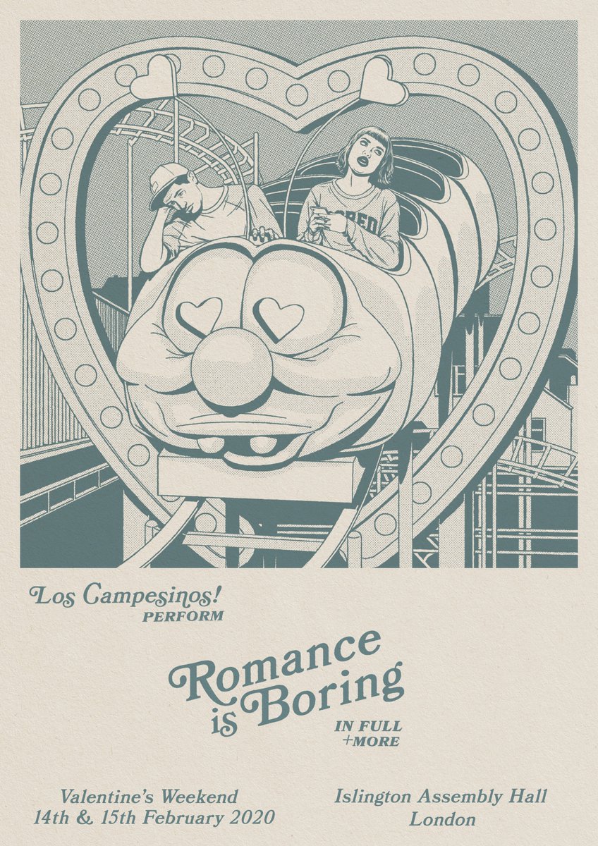 LosCampesinos's tweet image. Valentine's Weekend 2020: 'Romance Is Boring' played in full on 2 nights at Islington Assembly Hall, London. Tickets on sale 9am Friday.
Venue is fully accessible, gender neutral facilities will be in operation. Artwork by @sparkydeathcap 🖤💤