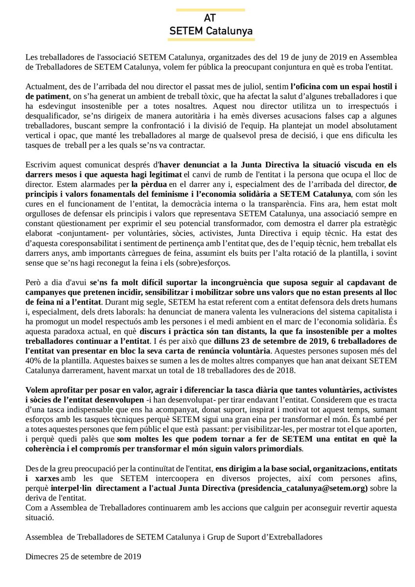 atsetemcat's tweet photo. Després de la renúncia en bloc de 6 treballadores de SETEM Catalunya el passat dilluns 23 setembre, des de l'Assemblea de Treballadores de l'entitat publiquem aquest manifest 👇

Agraïm difusió i RT!
#alertaSETEM

https://t.co/lhEoJZJyUN https://t.co/zBqfTiKLoO