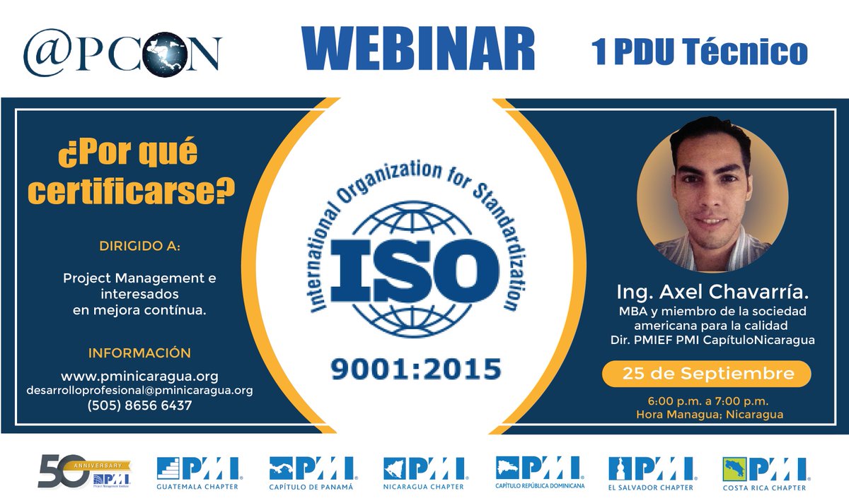 Hoy es el webinar regional ISO 9001:2015, ¿Por qué certificarse? 

Nos honra como expositor el Ing. Axel Chavarria Morales.

Para registro:
bigmarker.com/pmi-chapter-co…

💎Grandes cosas suceden cuando te involucras con PMI💎

#PMI #PMIEf #SomosAPCON