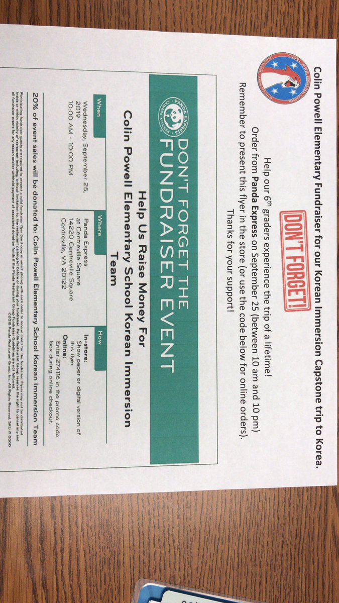 Head to <a href="/PandaExpress/">Panda Express</a> in Centreville today with this image and 20% of your purchase will support <a href="/colinpowelles/">Colin Powell ES FCPS</a> Korean Immersion capstone trip!