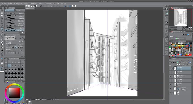 廃墟WIP。やっぱりパース定規使ってキッチリ描くと時間掛かるね。ここまでで90分だから、あと3時間以内には完成させよう 