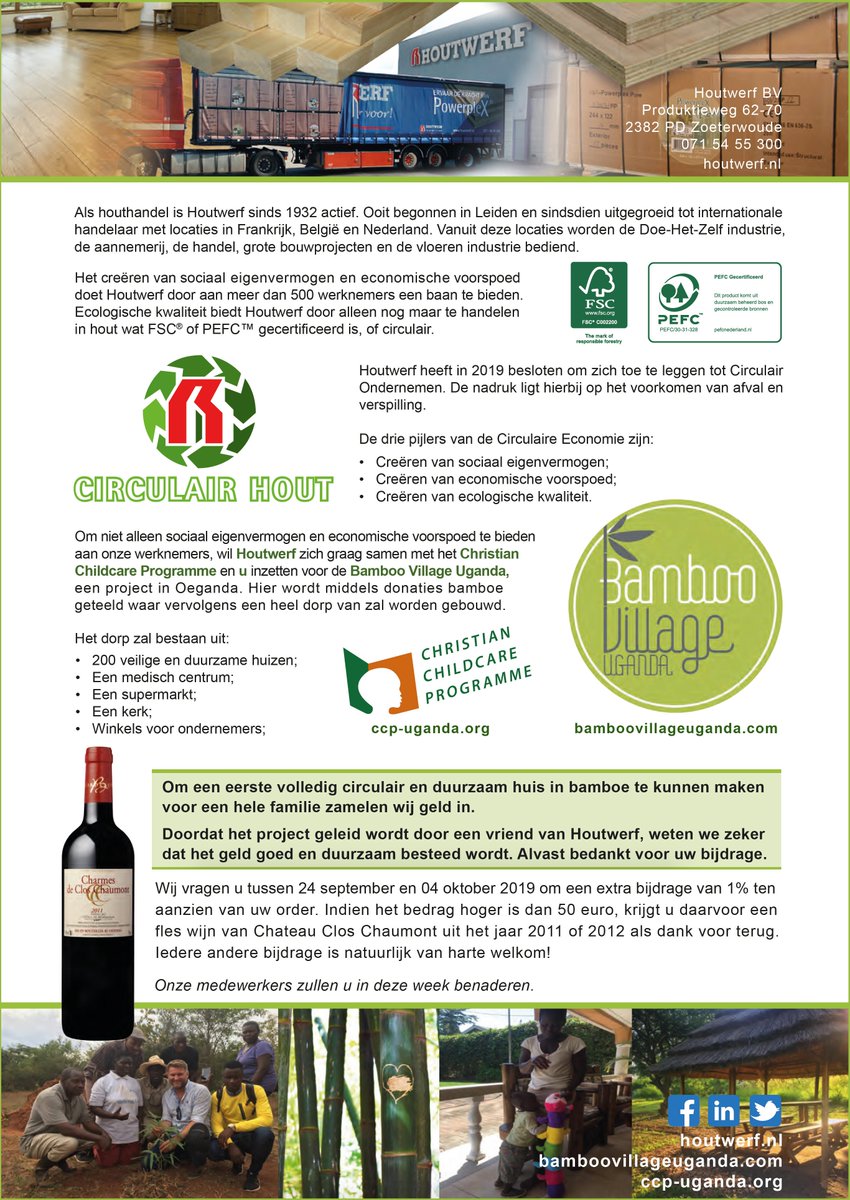 Houtwerf heeft in 2019 besloten om zich toe te leggen tot #Circulair Ondernemen. De nadruk ligt hierbij op het voorkomen van afval en verspilling. Zie flyer
Kijk houtwerf.nl ccp-uganda.org
#houtwerf #hout #ccpuganda #bamboovillage #bamboe #duurzaam #fsc #pefc