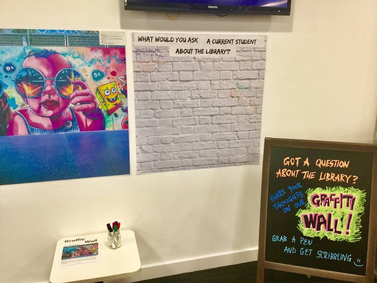 UniWestLib's tweet photo. Don't forget to write a question on our #Graffitiwalls - if you're a new student-'what would you ask a current student about the library?'
If you're a returning student - 'what would you have asked about the library when you first started?'
#ux #uxlib #uniwestlib #librarylife https://t.co/E17IzpSuEk