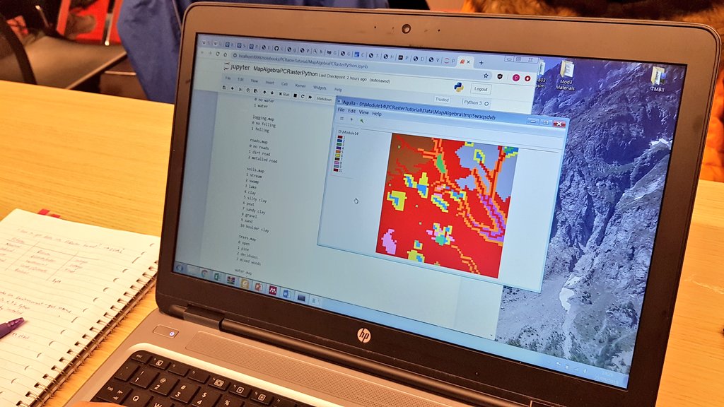 hansakwast's tweet photo. Day 3 of short course on scripting at @ihedelft. #Python libraries. Using the #PCRaster library for #mapalgebra. Already seeing some nice maps. https://t.co/bRWjkCsFqz https://t.co/YZ7QqJsWgG