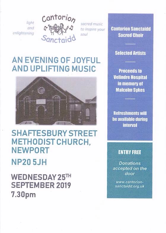 Concert tonight Shaftesbury St Methodist Church #Newport 7.30pm in aid of #Velindre hospital. Inspiring #music, refreshments   Please support if you can.