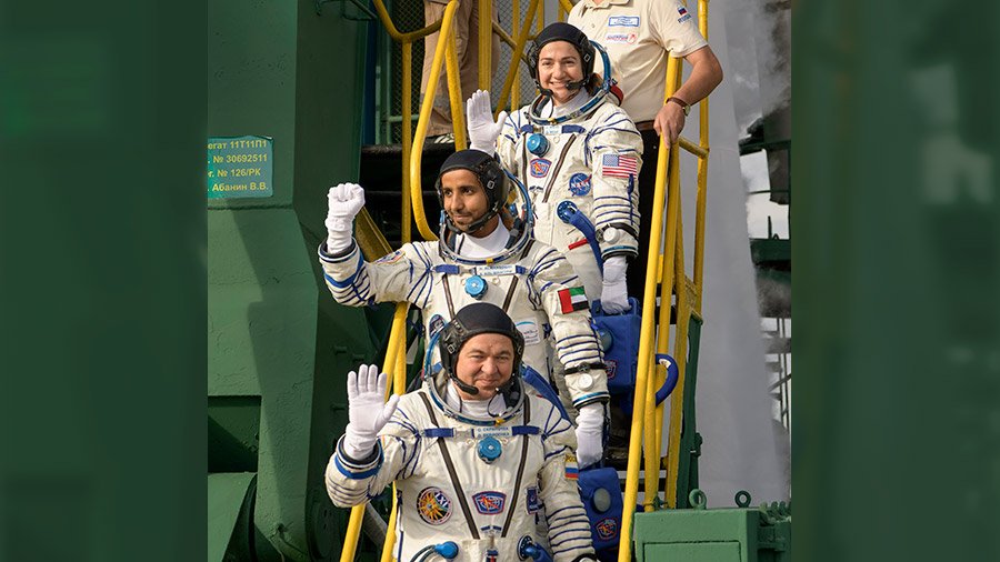 Space_Station's tweet photo. .@NASA TV is live now as a multinational crew counts down to a 9:57am ET launch today inside their Soyuz rocket. The trio will take less than six hours to dock to the station. https://t.co/8SZN8MtkXs https://t.co/6Av7HeSAq5