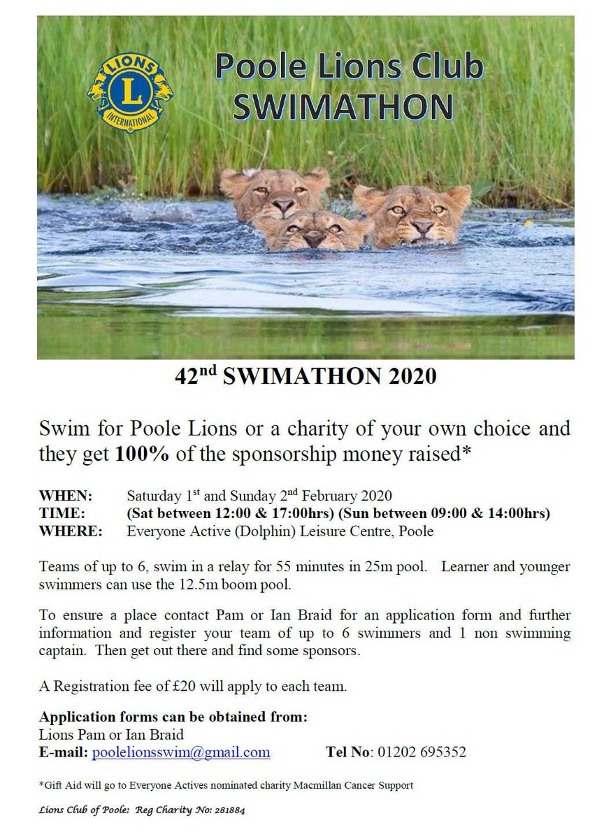 POOLE_LIONS's tweet photo. Are you looking to go on a challenge or raise enough money to sponsor yourself on a charity trip.  Get some friends to swim with you and join us at our 42nd Swimathon #poolelionsswimathon https://t.co/KdNRqCvnnq