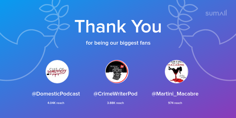 Our biggest fans this week: DomesticPodcast, CrimeWriterPod, Martini_Macabre. Thank you! via sumall.com/thankyou?utm_s…