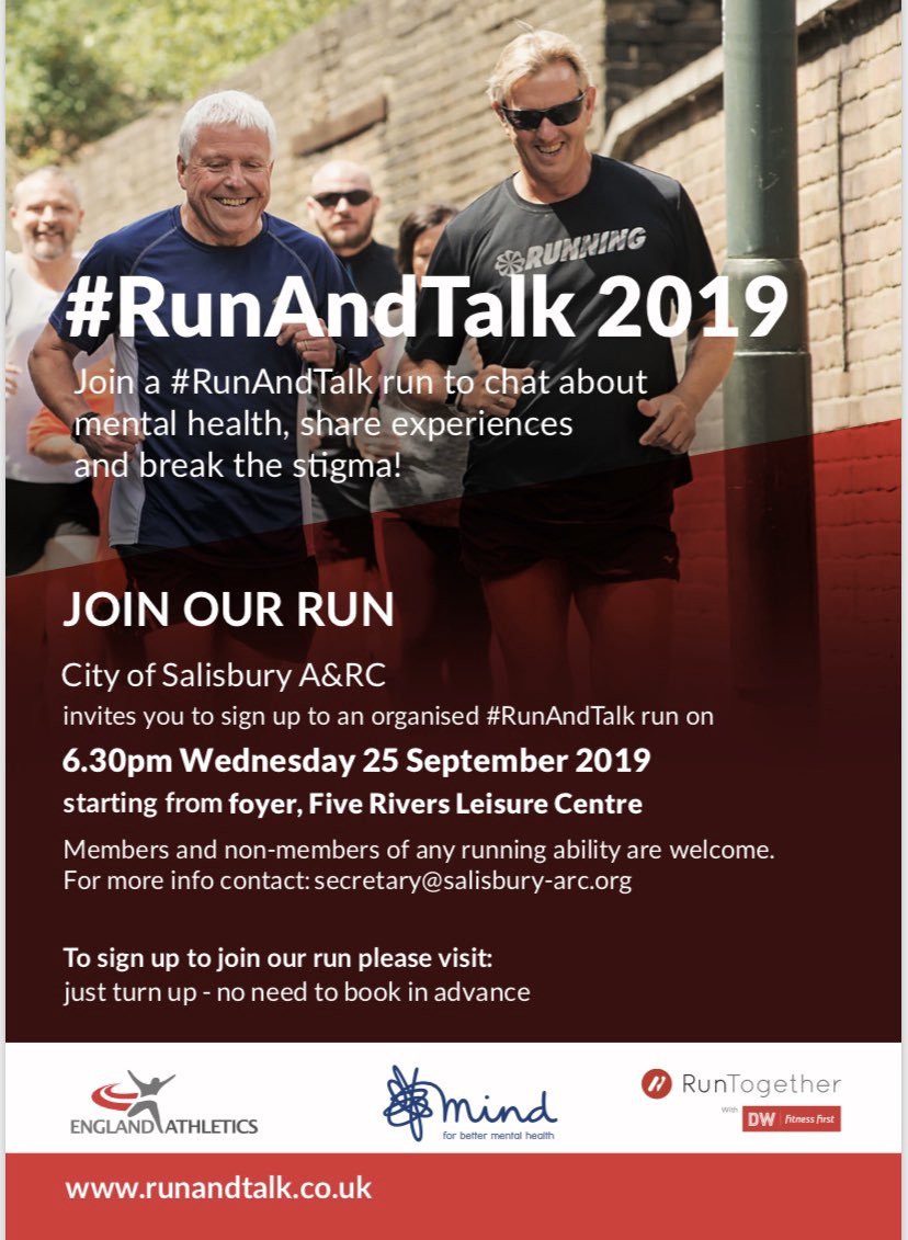 #BreakTheStigma and join us for a #RunAndTalk event TONIGHT <a href="/5RiversCentre/">Five Rivers Centre</a> #Salisbury A warm welcome from our team of run leaders is assured. #free #MentalHealthMatters