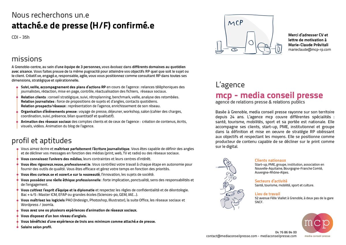 agence_mcp's tweet photo. #Emploi #Job  @agence_mcp à Grenoble recrute son/sa futur.e attaché.e de presse ! Poste à pourvoir immédiatement. https://t.co/byj8uuqENJ