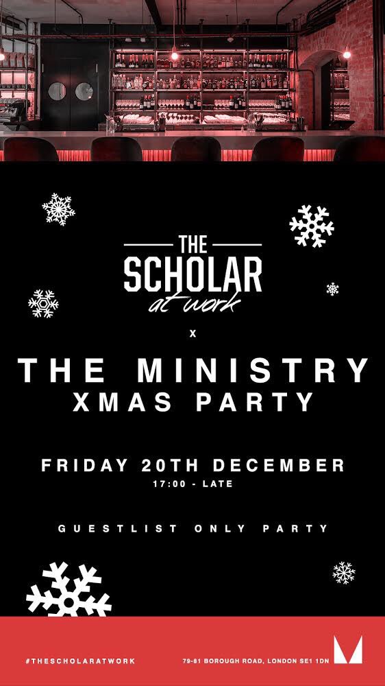 Scholar_At_Work's tweet photo. THE SCHOLAR AT WORK x THE MINISTRY XMAS PARTY🎄🎅

This is a #GuestlistOnly party, so never too early to send us full names to thescholaratwork@gmail.com with subject "The Ministry"😃

Full Party Info: https://t.co/xMYlUpkVCx

#TheScholarAtWorkxTheMinistry #TheScholarAtWork #Xmas https://t.co/CqPsnOF9r0