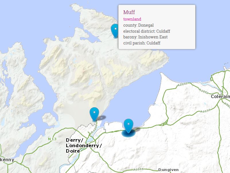 So strictly speaking there are two on the map. The civil parish (and townland) of Muff is near Derry whereas there is another Muff in the civil parish of Culdaff to the north of Inishowen peninsula. The third muff is a townland in Co. Derry, close to the village of Greysteel.