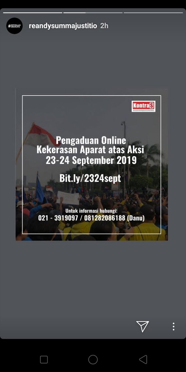 lesyeuxdenuo's tweet photo. buat kawan2 yg ikut aksi tgl 23-24 september kemarin, dan mengetahui ada tindakan kekerasan aparat kepada mahasiswa maupun warga sipil. silakan bisa adukan secara online melalui link yg ada di foto ya🙏

saya hanya bantu share. cc:rendysummajustitio

#HidupMahasiswa https://t.co/DDPGg9QsDx