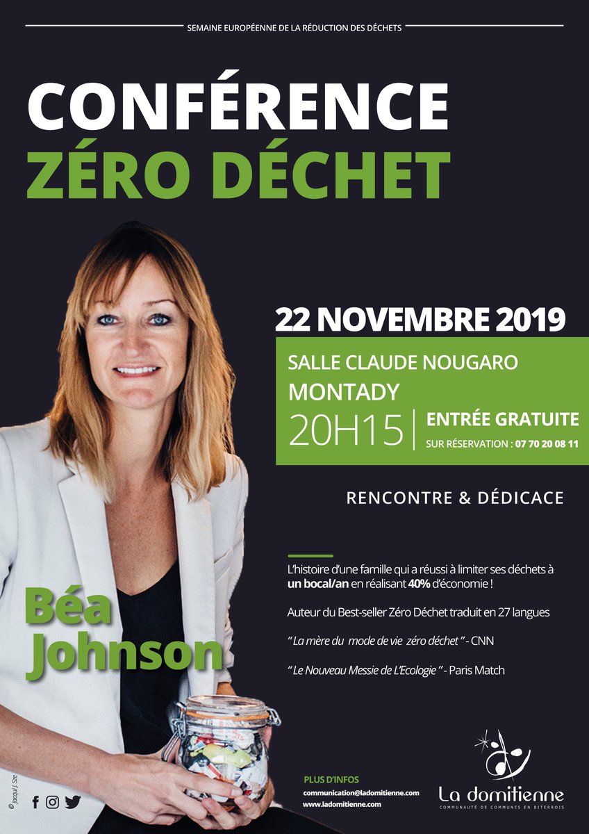 CC_ladomitienne's tweet photo. La Communauté de communes La Domitienne invite Béa Johnson à Montady pour une conférence Zéro Déchet suivie d’une dédicace. Inscriptions au 07 70 20 08 11. + d'infos : communication@ladomitienne.com.  @zerowastehome #semaineeuropeennedelareductiondesdechets #SERD #BeaJohnson https://t.co/Dl4Wvhl4zb