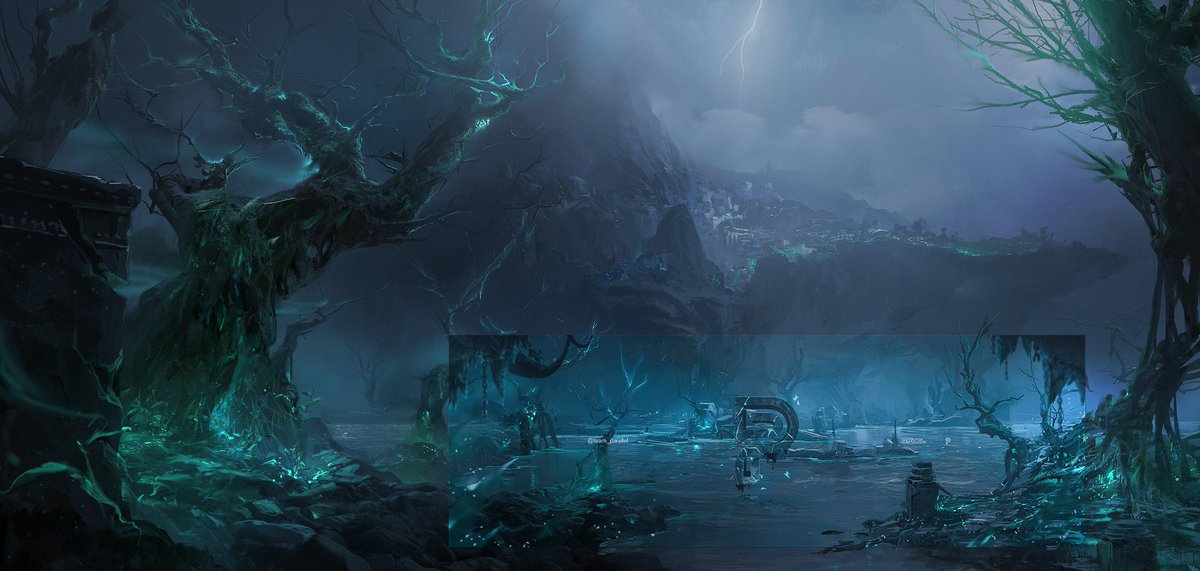 _Razur's tweet image. I&apos;m sorry to impede, but 90% of this header isn&apos;t your work.
This is concept art of the Shadow Isles from @LeagueOfLegends.

You&apos;re presenting in way that kinda makes you look like the illustrator, but little has changed from the original concept art (right). #ParallelAC