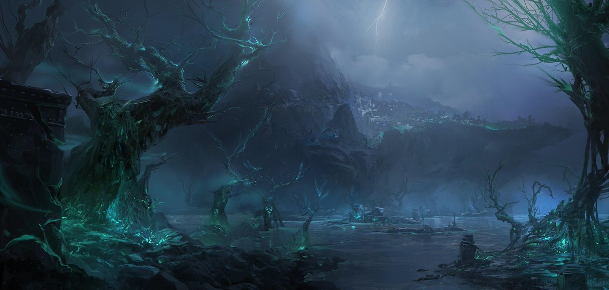 _Razur's tweet image. I&apos;m sorry to impede, but 90% of this header isn&apos;t your work.
This is concept art of the Shadow Isles from @LeagueOfLegends.

You&apos;re presenting in way that kinda makes you look like the illustrator, but little has changed from the original concept art (right). #ParallelAC