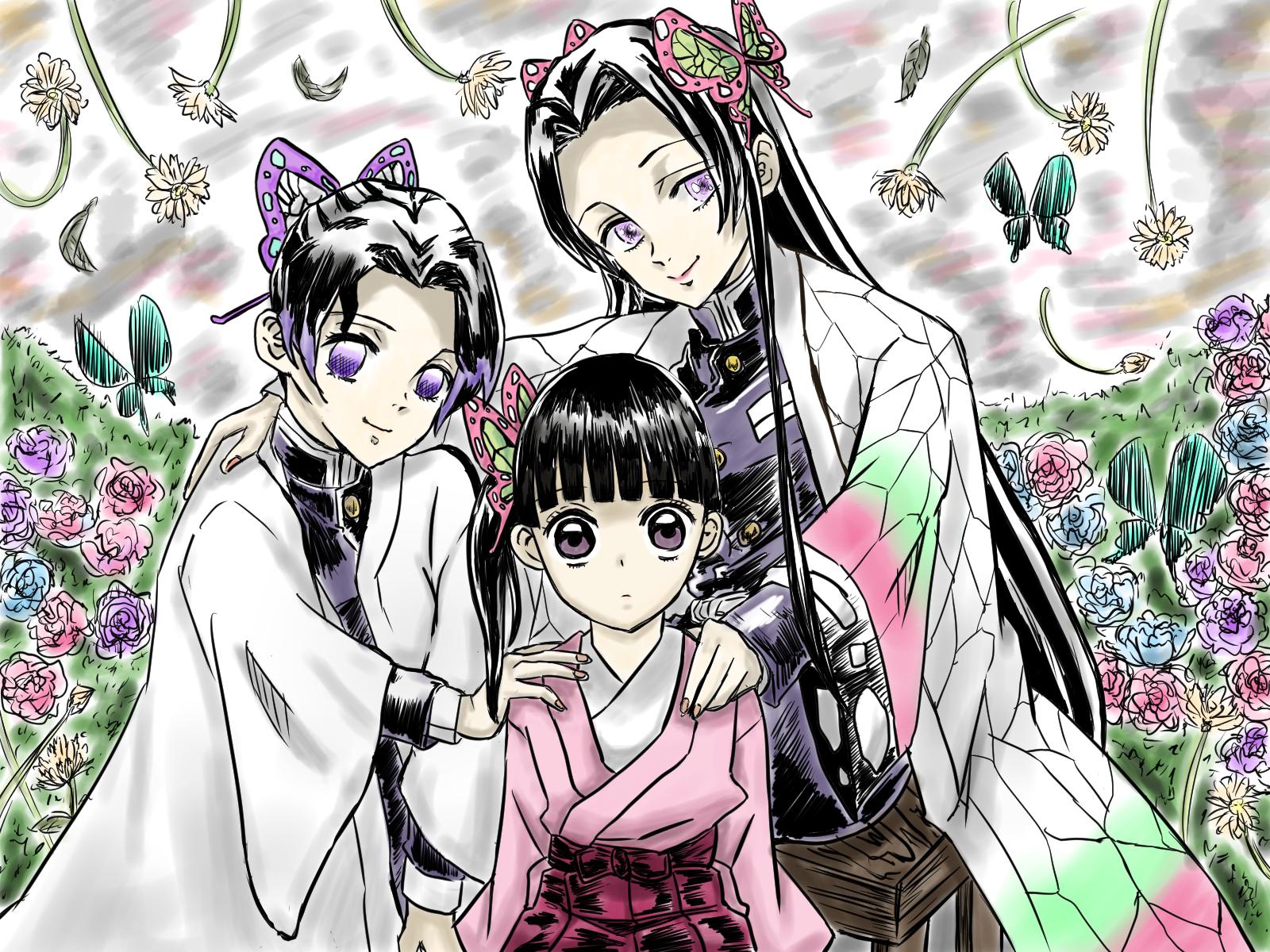 みるく 着色完了 描いてて思ったのですが カナヲとしのぶはカナエからいろいろ影響受けてるんだなと アニメ観てるんですが 原作の先を読もうか迷う 気になりすぎる 鬼滅の刃 胡蝶カナエ 胡蝶しのぶ 栗花落カナヲ デジタルイラスト T Co