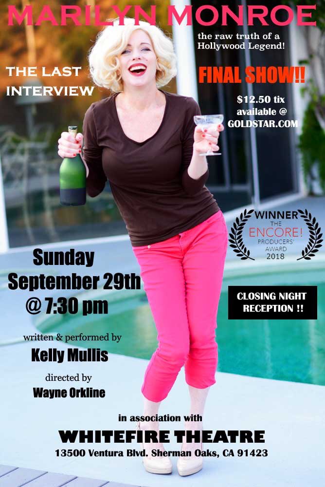 Final Performance of my solo show “Marilyn Monroe: The Last Interview” is this Sunday, Sept. 29th at 7:30 pm @Whitefiretheatre get tix on Goldstar.com Don’t Miss It!!! ❤️🌺🍸💋🙏😊#MarilynMonroe #blondbombshell