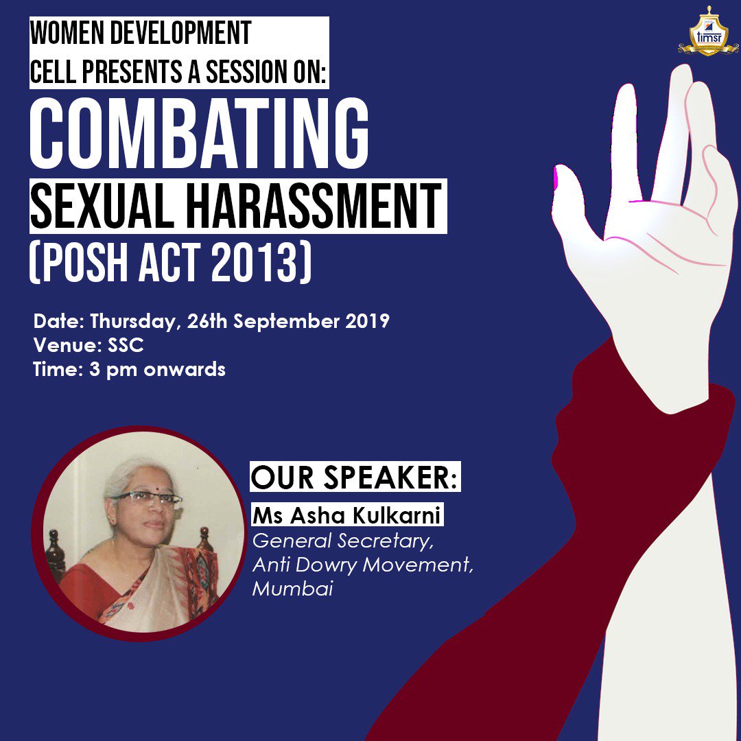 ThakurStudies's tweet photo. Our #WomenDevelopmentCell is conducting a session on how to #CombatSexualHarassment. Ms. Asha Kulkarni who will be our eminent chief guest will brief our students on 26th September 2019. The session is open to all the students. Be sure to attend.
#POSHAct #TIMSR #ILoveTIMSR https://t.co/zJnSK758dm