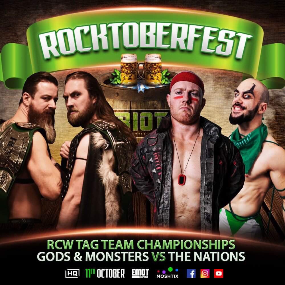 rcwrestling's tweet photo. Tickets on sale NOW: https://t.co/xb7KwsuDs3
GODS & MONSTERS (@marshall_big & @GrimmRCW) will defend the #RCW Tag Team Championshipβs LIVE from #HQComplex when they take on THE NATIONS (@JackBonza & @fullrapscallion) at #RCWRocktoberfest! https://t.co/1za21mkXpP