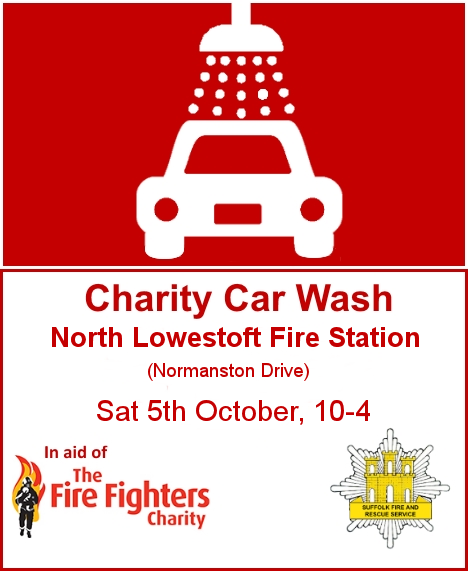 NthLowestoft16's tweet photo. Is your car grubby? Get it washed by your local #firefighters at our charity car wash. Come along to North Lowestoft #Fire Station on Normanston Drive on Sat 5th October, 10-4. Funds going to @firefighters999. 
Please RT. 
@suffolkfire https://t.co/oFSnR599DP