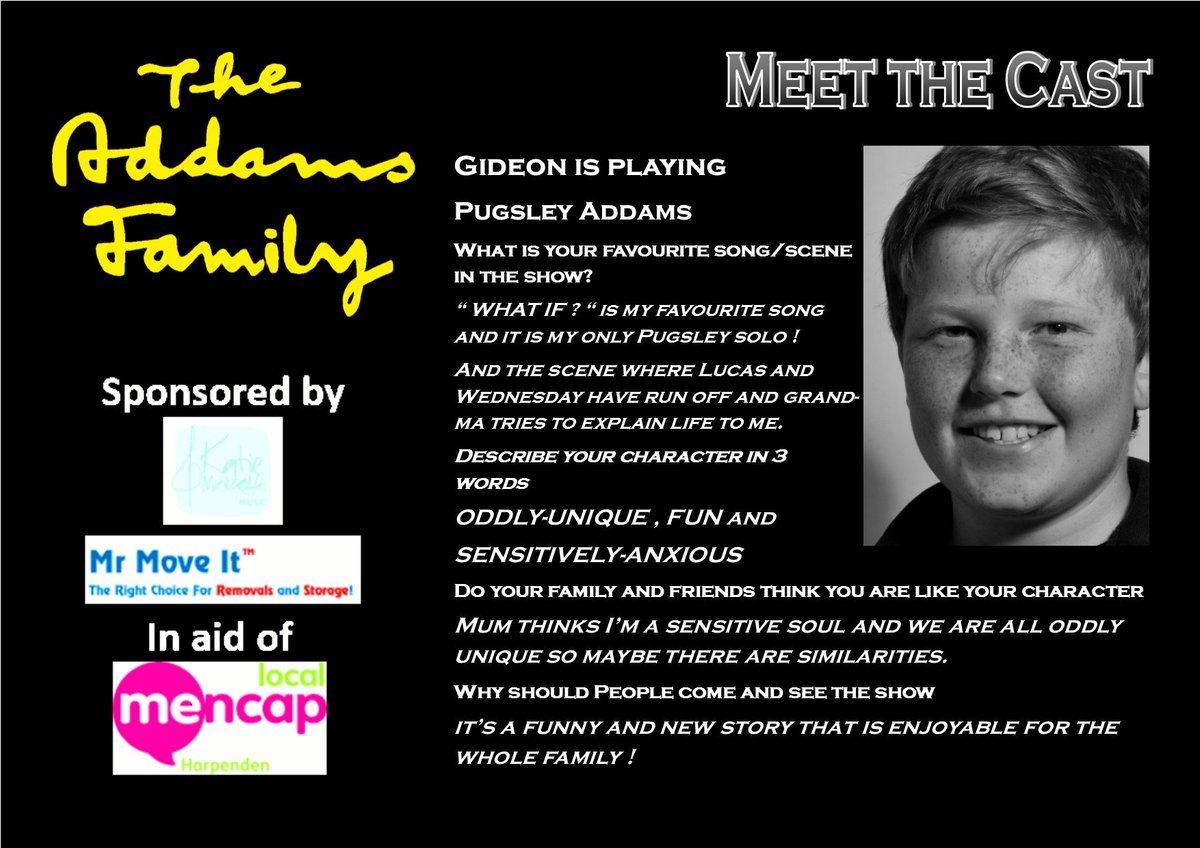 Today we are meeting the youngest member of The Addams Family cast - Pugsley, played by the lovely Gideon 😃👻🖤🧟♂️
8-12th October 2019 at the @HarpendenHalls
@HarpendenMencap
https://t.co/LI9pXXX4O8
#hmtctheaddamsfamily #whenyouranaddams #meettheaddams #supportlocaltheatre https://t.co/UW3RPFg7yV
