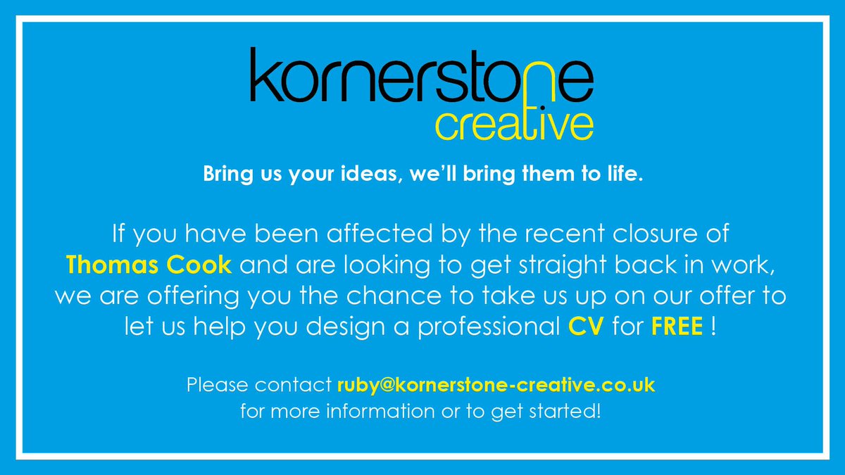 KornerstoneC's tweet photo. If you know anyone that may want to take us up on the below, please show them or RT, so we can help as many as we can! π
#ThomasCook #ThomasCookStaff #HeretoHelp #CV #ThomasCookCV #ThomasCookcollapse #CVCreation https://t.co/WE0K2bbKPk