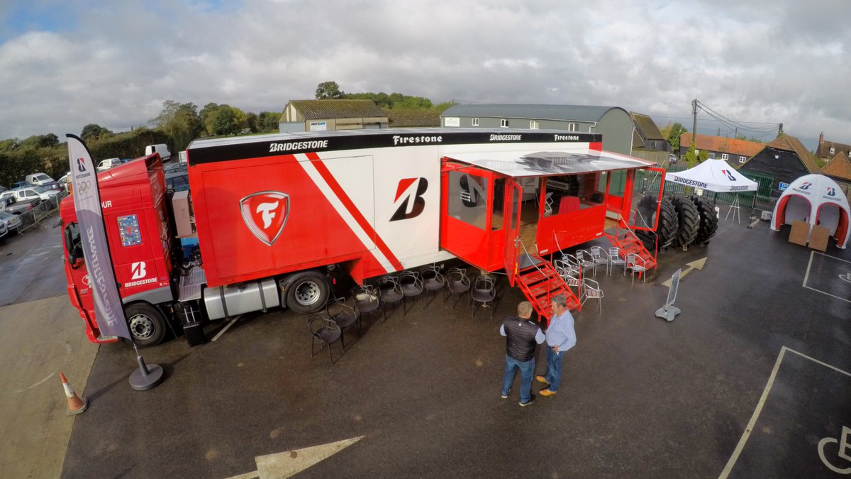 FarolLtd's tweet photo. The Bridgestone tour truck has arrived and is setup ready for visitors to start arriving at 11am, we are told the two Farol supplied John Deere tractors that have been travelling the country are on the way and will be arriving shortly! #VXTractor #Bridgestone #FarolLtd https://t.co/DDXinmQmR5