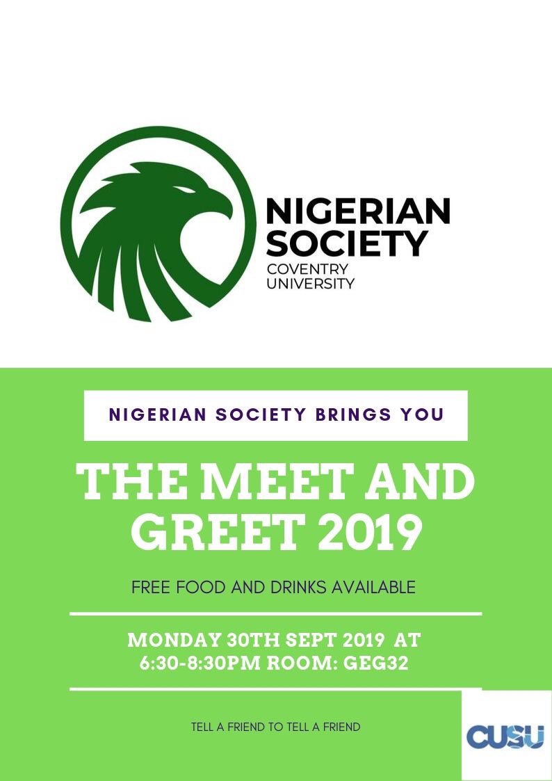It’s a great opportunity for you to meet the committee as well as other members and prospective members. We will also be having a vote in relation to our international trip and free food will be available. Tell a friend to tell a friend 🎉 #freshers #covfreshers #nigeriansociety