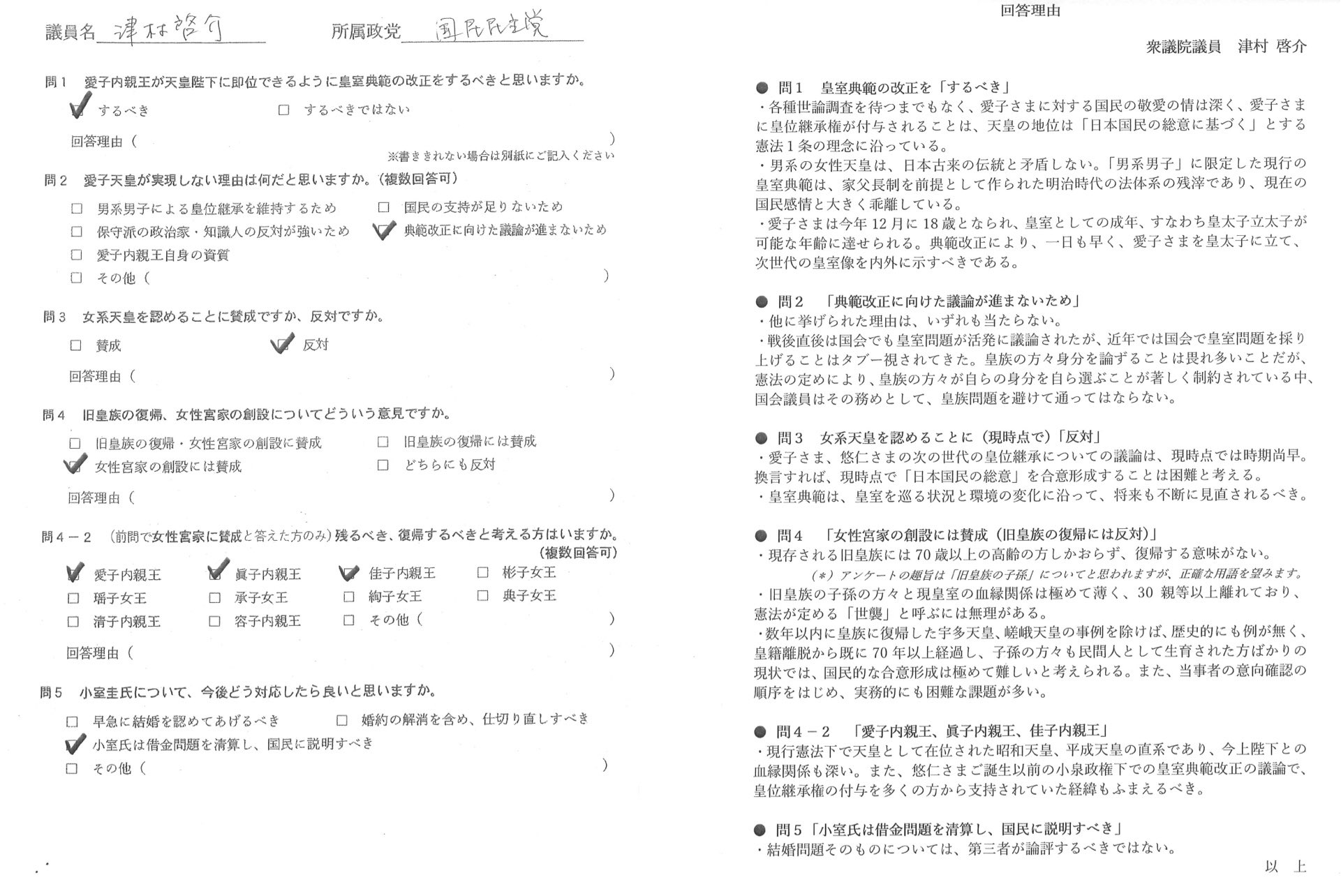 津村啓介 女性天皇を巡る 週刊朝日 のアンケートに 以下のとおり回答しました おそらく全国会議員を対象にしたもの 明日発売の 週刊新潮 には いよいよ始まる 皇位継承 議論 急浮上する 旧皇族 女性天皇 Vs 東久邇宮 という暗闘