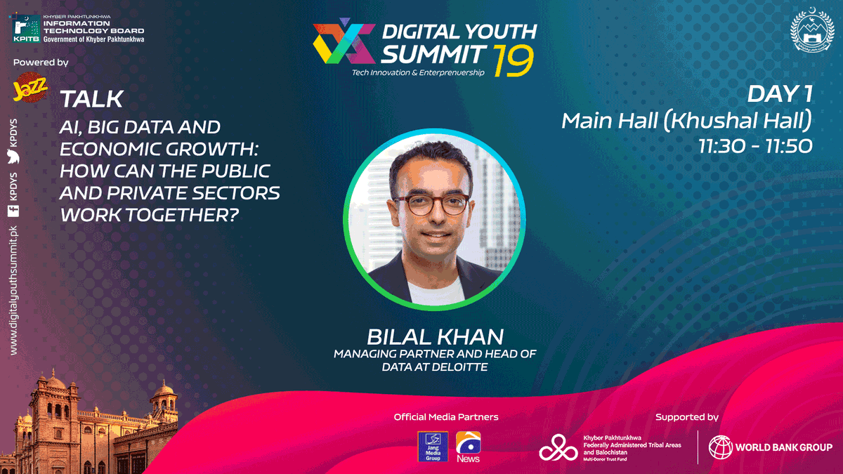 KPDYS's tweet photo. Bilal Khan, Managing Partner & Head of Data at @Deloitte will be giving a talk on AI, Big Data and Economic Growth and conducting a Workshop/Q&A Session! Join us at DYS19 and be a part of his talk!
#DYS19 #KPDYS #SpeakerTalks https://t.co/B4FumEifMa